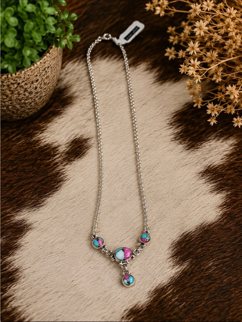 Cotton Candy Pink & Turquoise Round Stone Drop Necklace